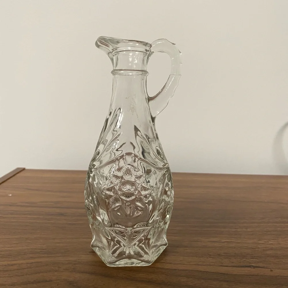 Vintage Clear‎ Pressed Glass Cruet Starburst Pattern Oil and Vinegar Bottle